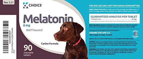 K9 Choice Melatonin for Dogs, 6mg - 90 Beef Flavored Chewable Tablets for Small to Large Dogs