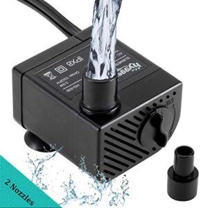 hygger ultra quiet 53gph (200l/h, 3w) submersible mini water pump comes with 2 nozzles, for aquariums, fish tank, fountain, max lift height 1.7ft ,120v/60hz, power cord 6ft
