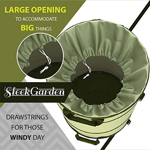 Collapsible -45 Gallon Canvas Garden Waste Bag -Pop-up Bucket Reusable Yard Leaf Bag Holder- Heavy Duty Hardshell Bottom – with Drain Holes for Lawn Pool Garden Camping Trash Debris Bag with Handles