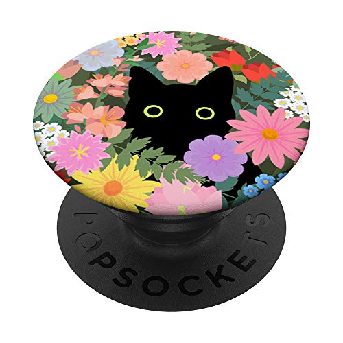 Black Cat Hiding in Spring Flowers PopSockets Grip and Stand for Phones and Tablets