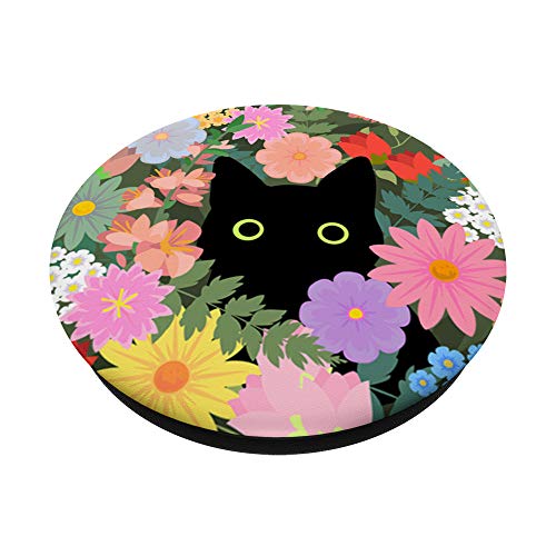 Black Cat Hiding in Spring Flowers PopSockets Grip and Stand for Phones and Tablets