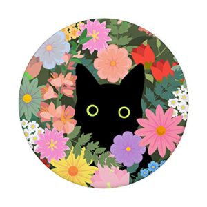 Black Cat Hiding in Spring Flowers PopSockets Grip and Stand for Phones and Tablets