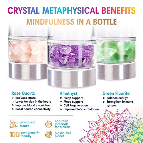 OSANA Crystal Water Bottle with 3 Changeable Healing Crystals – Amethyst, Rose Quartz, Green Fluorite – Loose Leaf Tea Bottle – Gem Elixir Infused Glass Water Bottle - 16.9 oz