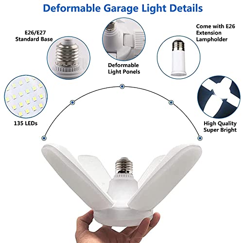 Yiliaw LED Garage Light, 2 Pack 60W LED Shop Lights with 4 Adjustable Panels, Screw in Garage Light Bulbs 6500K 6000LM Daylight Deformable Lighting Fixture for Basement Warehouse Workshop