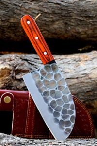 handmade forged carbon steel butcher serbian cleaver chopper kitchen chef knife pakka wood handle comes with leather sheath dw4095