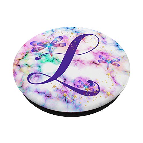 Purple Monogram Letter L Initial Rainbow Dragonfly PopSockets Swappable PopGrip