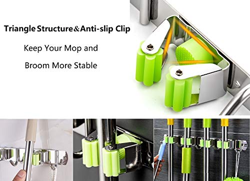 Fine Most Mop and Broom Holder Wall Mounted Storage Organizer Broom Holder Stainless Steel Mop Holder Utility Tool Organizers with 3 Position 4 Hooks for Laundry Room Garden Garage Closet Kitchen