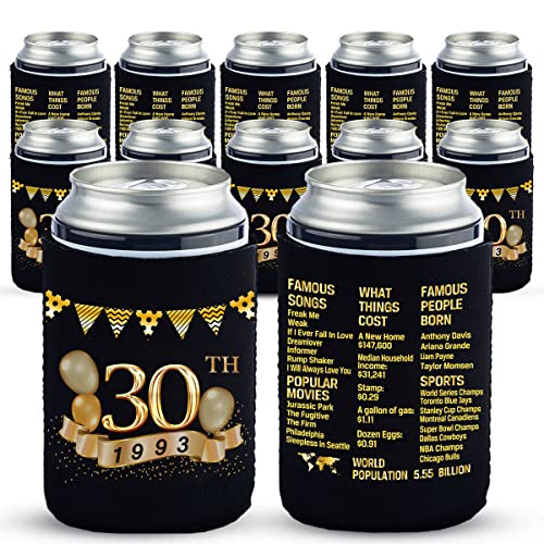 Yangmics 30th Birthday Can Cooler Sleeves Pack of 12- 1993 Sign -30th Anniversary Decorations - Dirty 30th Birthday Party Supplies - Black and Gold Thirtieth Birthday Cup Coolers