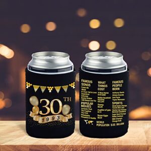 Yangmics 30th Birthday Can Cooler Sleeves Pack of 12- 1993 Sign -30th Anniversary Decorations - Dirty 30th Birthday Party Supplies - Black and Gold Thirtieth Birthday Cup Coolers