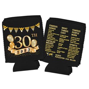 Yangmics 30th Birthday Can Cooler Sleeves Pack of 12- 1993 Sign -30th Anniversary Decorations - Dirty 30th Birthday Party Supplies - Black and Gold Thirtieth Birthday Cup Coolers