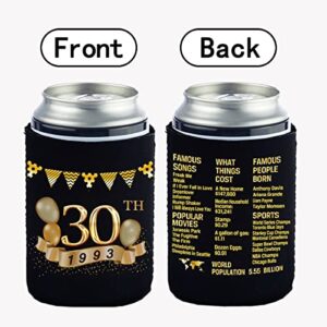 Yangmics 30th Birthday Can Cooler Sleeves Pack of 12- 1993 Sign -30th Anniversary Decorations - Dirty 30th Birthday Party Supplies - Black and Gold Thirtieth Birthday Cup Coolers