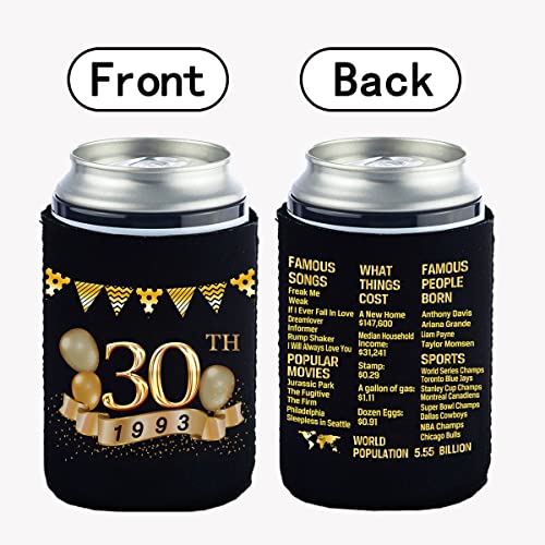 Yangmics 30th Birthday Can Cooler Sleeves Pack of 12- 1993 Sign -30th Anniversary Decorations - Dirty 30th Birthday Party Supplies - Black and Gold Thirtieth Birthday Cup Coolers