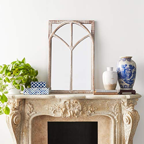 Amazon Brand - Ravenna Home Vintage Arched Whitewashed Wooden Mantel Wall Mount Mirror, 31"H, Whitewash