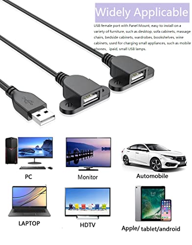 Guo USB Charging Extension Cable Male to Dual Female, USB 2.0 Charging Port 1 to 2 Panel Mount with Screw Hole, Used for Furniture/Mobile Phones/Portable Power and More(5FT/1.5m)