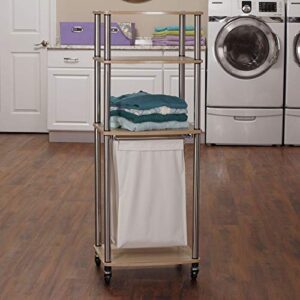 Household Essentials 7052-1 Organizer Cart with Single Canvas Hamper | Light Brown Triple Laundry Sorter with Folding Table, Walnut