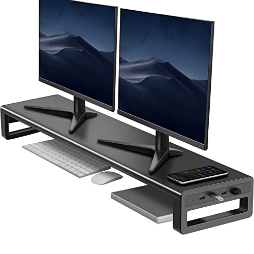 Dual Monitor Stand Computer Riser with USB 3.0 Hub Ports, Aluminum Strong&Sturdy Stand for Double Computer, TV, PC, Printer, Multi Media Speaker-Multifunctional Desktop Organizer