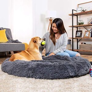 Best Choice Products 45in Dog Bed Self-Warming Plush Shag Fur Donut Calming Pet Bed Cuddler w/Water-Resistant Lining, Raised Rim - Gray