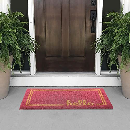mDesign Rectangular Coir and Rubber Entryway Welcome Doormat with Natural Fibers for Indoor or Outdoor Use - Decorative Script Hello Design - Dark Pink/Natural