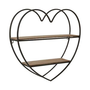 sagebrook home 14916 metal/wood 2 tier heart wall shelf, natural/black