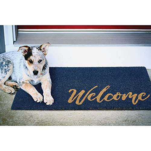 mDesign Non-Slip Rectangular Coir and Rubber Entryway Welcome Doormat with Natural Fibers for Indoor or Outdoor Use - Decorative Script Design - Navy Blue/Natural/Beige