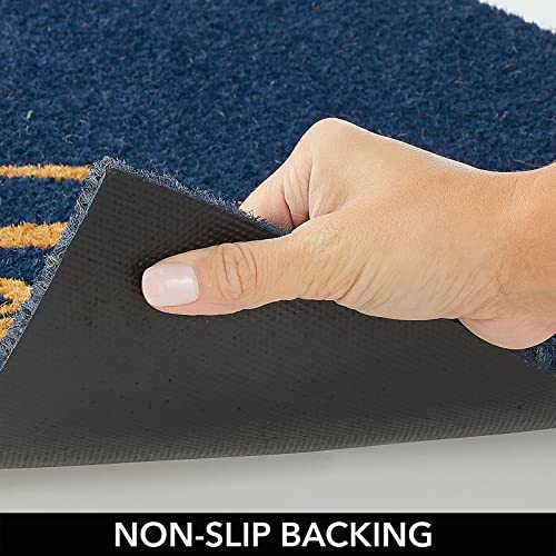 mDesign Non-Slip Rectangular Coir and Rubber Entryway Welcome Doormat with Natural Fibers for Indoor or Outdoor Use - Decorative Script Design - Navy Blue/Natural/Beige