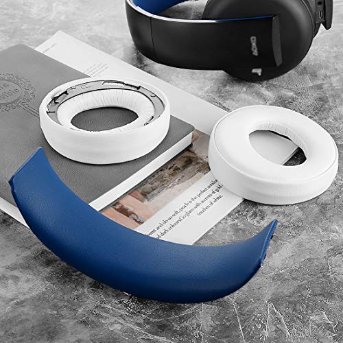 Geekria Earpad + Headband Compatible with Sony Playstation Gold Wireless/PS4/PS3/PSV Gold Wireless Headphone Ear Pad and Headband Pad/Ear Cushion + Headband Cushion/Repair Parts Suit (White/Blue)