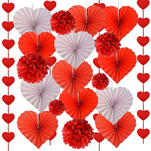 20pcs Valentines Day Decorations Set, Valentines Red Heart Paper Fans, Red Hearts Shaped Felt Garland Banner, Red Paper Pompoms Valentines Accessories for Valentines Anniversary Wedding Mother Day