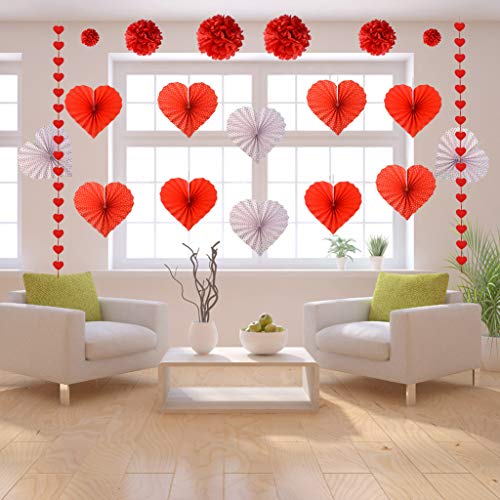 20pcs Valentines Day Decorations Set, Valentines Red Heart Paper Fans, Red Hearts Shaped Felt Garland Banner, Red Paper Pompoms Valentines Accessories for Valentines Anniversary Wedding Mother Day