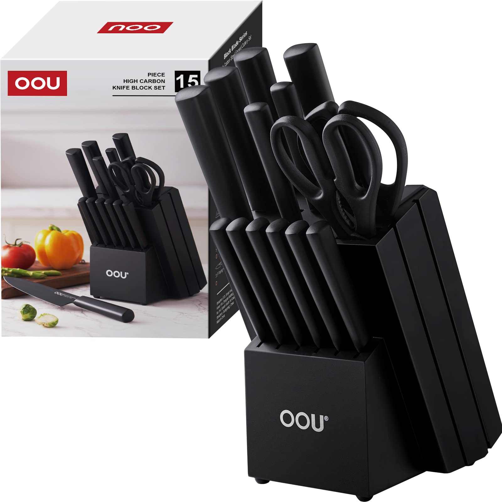 OOU Kitchen Knife Block Set - 15 Pieces High Carbon Stainless Steel Chef Knife Sets, Anti-Rust Black Knives Set with Built-in Sharpener Block, Black