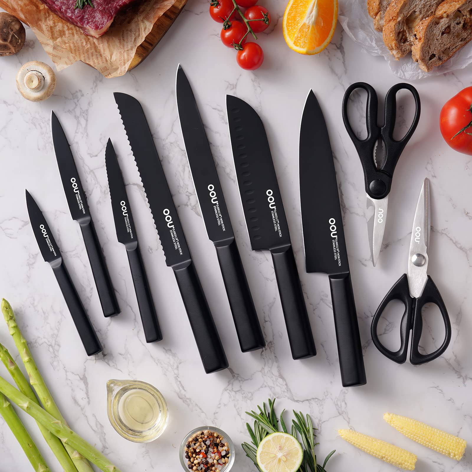 OOU Kitchen Knife Block Set - 15 Pieces High Carbon Stainless Steel Chef Knife Sets, Anti-Rust Black Knives Set with Built-in Sharpener Block, Black