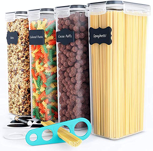 Chef's Path Airtight Food Storage Containers (Set of 4, 2.8L) - Tall Pasta Storage Containers for Pantry & Kitchen Organization, Spaghetti, Noodles, Cereal - Lids, Noodle Measure and Reusable Labels Included