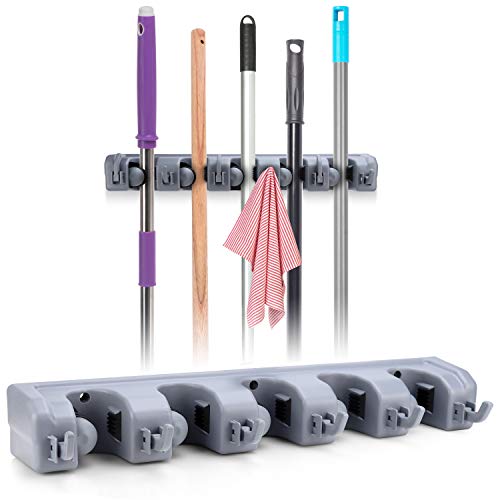 Braxxton Broom Mop Holder and Garden Tools Organizer Rack with 6 Heavy Duty Storage Hooks - Wall Mounted for Space Saving Storage