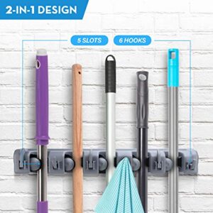 Braxxton Broom Mop Holder and Garden Tools Organizer Rack with 6 Heavy Duty Storage Hooks - Wall Mounted for Space Saving Storage