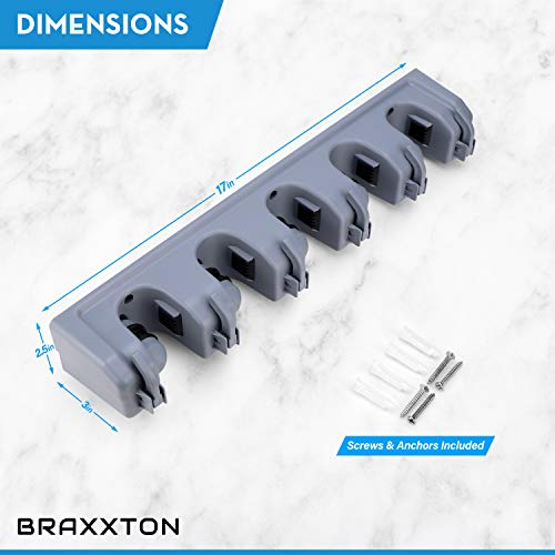 Braxxton Broom Mop Holder and Garden Tools Organizer Rack with 6 Heavy Duty Storage Hooks - Wall Mounted for Space Saving Storage