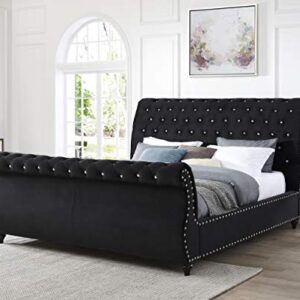 Roundhill Furniture Evora Velvet Upholstered Button Tufted, King, Black