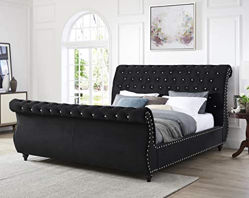 Roundhill Furniture Evora Velvet Upholstered Button Tufted, King, Black