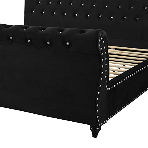 Roundhill Furniture Evora Velvet Upholstered Button Tufted, King, Black