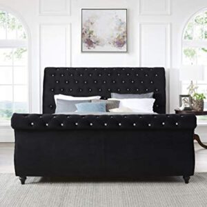 Roundhill Furniture Evora Velvet Upholstered Button Tufted, King, Black