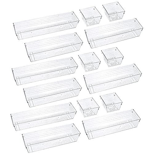 Kingrol 15 Pieces Clear Drawer Organizers, Drawer Divider Storage Bins, Desk Storage Box Set for Kitchen Utensils Bedroom Makeup Vanities Jewelries Office & Craft Supplies