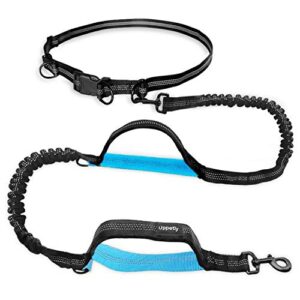 uppetly hands free dog running leash with adjustable waist belt, dual handle elastic bungees retractable rope for medium and large dogs, reflective stitches for walking hiking biking