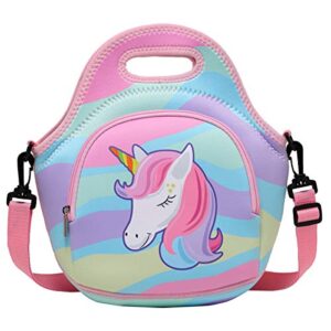 unicorn lunch bag for girls, chasechic insulated kids lunch box lightweight neoprene tote bag for teens with detachable adjustable shoulder strap for back to school