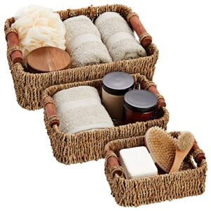 set of 3 small wicker baskets for storage, woven nesting bins with handles for bathroom towels and toilet paper organization, closet, shelf, kitchen (3 assorted sizes)