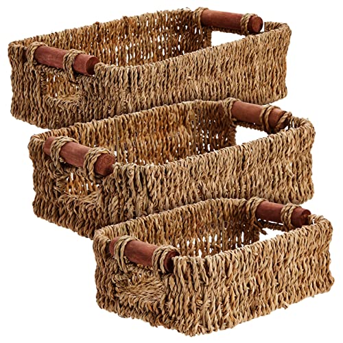 Set of 3 Small Wicker Baskets for Storage, Woven Nesting Bins with Handles for Bathroom Towels and Toilet Paper Organization, Closet, Shelf, Kitchen (3 Assorted Sizes)