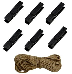 wooden clothes pins, 100pcs 1.3inch (3.5cm) black small wooden chip clips with 33 feet jute twine for bag clips clothespin bag clothes pin heavy duty outdoor(black)