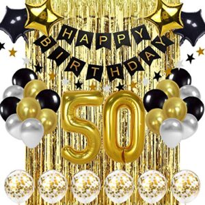 black and gold 50th birthday decorations banner balloon, happy birthday banner, 50th gold foil balloons, number 50 birthday balloons, 50 years old birthday decoration supplies