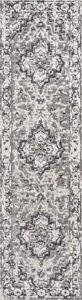jonathan y bmf110a-28 denia ornate geometric medallion indoor area-rug bohemian floral easy-cleaning high traffic bedroom kitchen living room non shedding, 2 x 8, dark gray