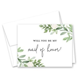 Watercolor Greenery & Floral Bridal Proposal Will You be My Bridesmaid Card, Bridesmaid Proposal Card, Maid of Honor Card - Set of 10