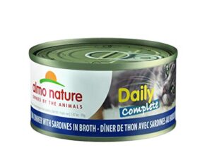 almo nature daily complete -tuna dinner with sardines in broth. grain free, adult cat canned wet food shredded, 1655