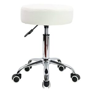 kktoner round rolling stool chair pu leather height adjustable shop stool swivel drafting work spa salon stools with wheels office chair (white)