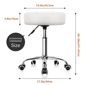 KKTONER Round Rolling Stool Chair PU Leather Height Adjustable Shop Stool Swivel Drafting Work SPA Salon Stools with Wheels Office Chair (White)